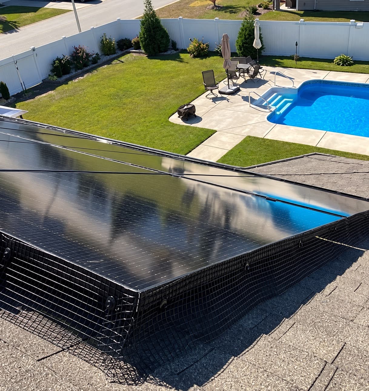 Protective mesh fitted around a rooftop solar array